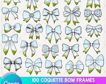 100 Coquette Bow CANVA frame bundle, Make Your Own Bow Template Drag and drop Pretty blank retro coquette sublimation designs commercial use