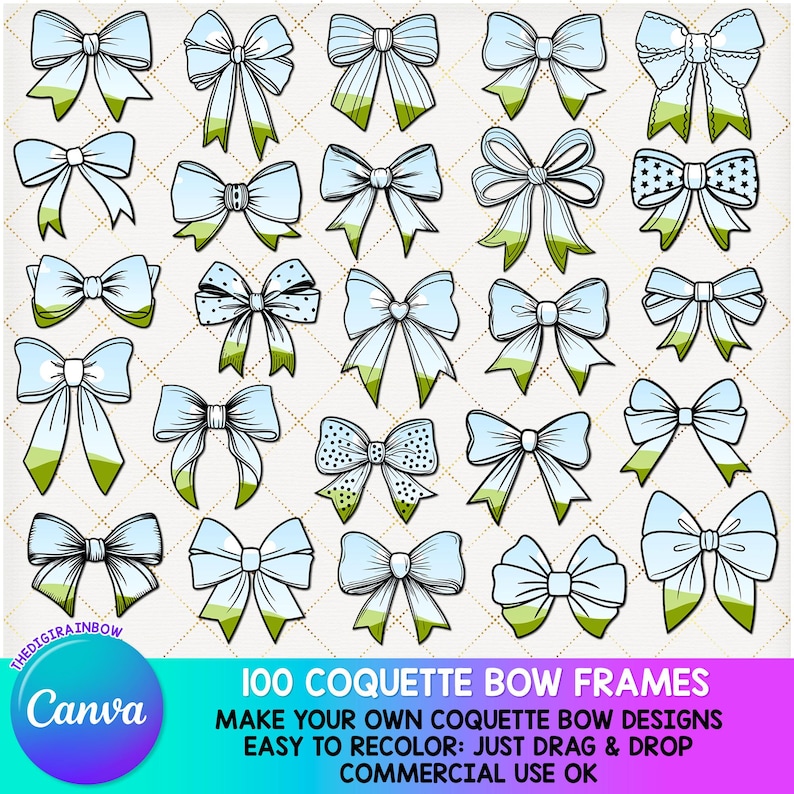100 Coquette Bow CANVA frame bundle, Make Your Own Bow Template Drag and drop Pretty blank retro coquette sublimation designs commercial use image 1