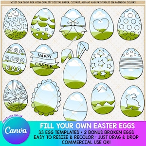 編集可能なイースターエッグCanvaテンプレート、イースターエッグフレームバンドル、ドラッグアンドドロップの空白のイースターバニー分割名前昇華デザイン商用利用