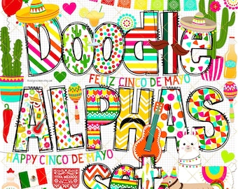 Cinco de Mayo PNG Alphabet Doodle Fiesta font Mexico clipart faux stitch alpha bundle DTF sublimation letters cactus sombrero tequila lama