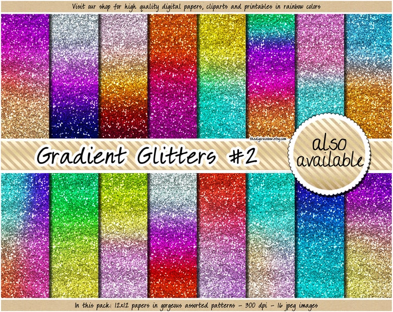 SALE Gradient glitter digital paper rainbow glitter digital paper ombre glitter metallic glitter background pink blue purple gold silver red image 2