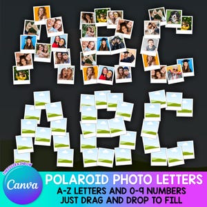Alfabeto de collage de fotos de Canva, plantilla editable Polaroid, marcos de fotos con letras en blanco, alfabetos para tablones de anuncios, letrero fotográfico personalizado para regalo de cumpleaños