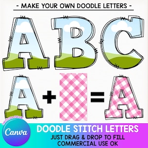 Alfabeto Doodle modificabile, cornici CANVA da cucire, modello di lettere Doodle vuote, font trascinabile, numeri maiuscoli e minuscoli, ricamo finto