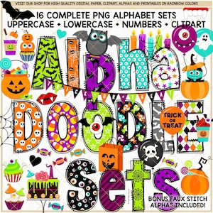 Fuente PNG del alfabeto de garabatos de Halloween, calabaza espeluznante, linterna, vampiro, fantasma, huesos, araña, dulces, clipart, paquete, truco o trato, letras de sublimación