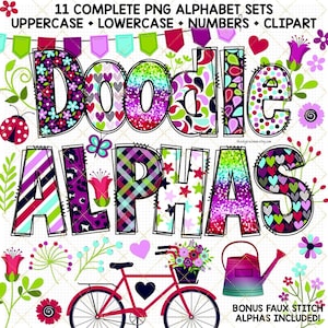 Floral Doodle Alphabet Bundle Mother's Day PNG sublimation letters Spring flower clipart faux stitch alpha glitter cheetah print scrapbook