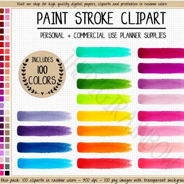 100 PAINT STROKES clipart rainbow watercolor clipart paint splash stickers watercolor digital planner paint brush strokes art commercial use