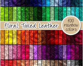 SALE 100 Tooled leather digital paper rainbow leather texture floral leather background printable leather neutral bright pastel dark colors