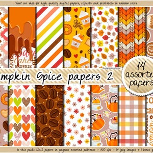 Papel digital con especias de calabaza, sin costuras, para amantes del café, patrón de otoño, lindo fondo de Acción de Gracias, clipart de café con leche, donut, chocolate, goteo, otoño floral