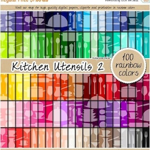 100 utensilios de cocina en papel digital, papel digital para utensilios de cocina, kit de scrapbooking digital arcoíris, paquete de patrones de 12 x 12 en tonos pastel neutros y brillantes.