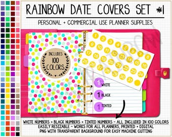 BUNDLE 300 Rainbow Date Cover Sticker druckbare Datumspunkte verdecken 1-31 Nummer Clipart heller digitaler Planer Pastellkalender Datum Tag
