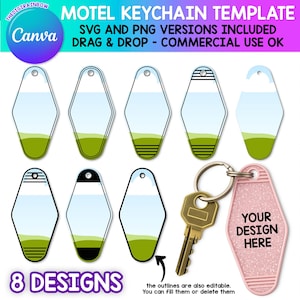 May include: A collection of motel keychain templates with a retro design. The templates feature a light blue sky and green landscape. One pink keychain has the text "YOUR DESIGN HERE". The image also includes a gold key and the text "MOTEL KEYCHAIN TEMPLATE".