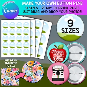 Button Pin Template Bundle, Editable CANVA Frame, Blank Pinback Buttons, Custom Badge Circle Drag and Drop Sublimation 1", 2", 2.25", 3" etc