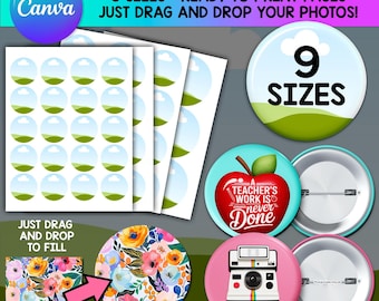Lot de modèles d'épingles à boutons, cadre CANVA modifiable, épingles vierges, insigne personnalisé par sublimation par glisser-déposer 1 po, 2 po, 2,25 po., 3 po., etc.