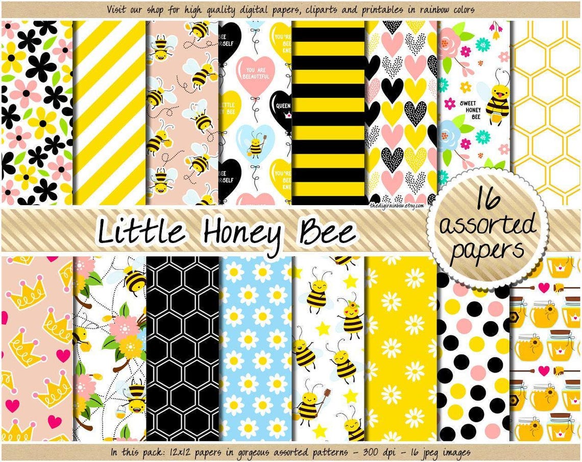 SALE Honey Bee Digital Paper Honeycomb Pattern Floral Pattern Queen Bee ...