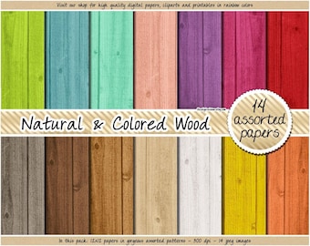 Pacote de papéis digitais com tema madeira em tons pastel e naturais, kit de scrapbook digital com clipart nas cores água, menta, coral, rosa e branco.