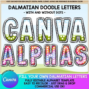 CANVAダルメシアンアルファベットテンプレート、独自のダルメシアンドット文字をデザイン、ドラッグ＆ドロップ、Canvaフレームの塗りつぶし、ダルメシアンスポット、商用利用可能