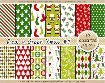 SALE christmas digital paper red and green christmas digital paper holiday digital paper pattern santa snowflake angel snowman mistletoe