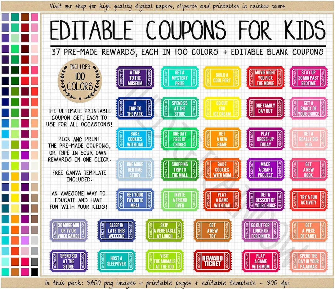 EDITABLE REWARD COUPONS Clipart Printable Reward Tickets Rainbow Blank ...
