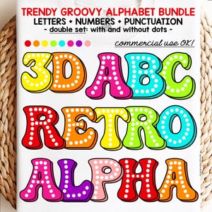 Paquete PNG de alfabeto de puntos Groovy, letras retro coloridas, arcoíris, alfabeto escrito a mano, diseño de sublimación para uso comercial, fuente de marquesina 3D brillante y audaz