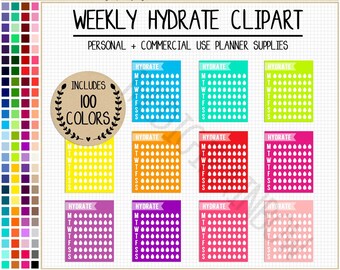SALE 100 WEEKLY HYDRATE planner stickers health tracker food tracker weight loss stickers water intake stickers Erin Condren planner clipart