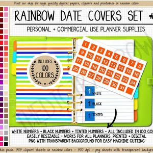 BUNDLE 300 Rainbow Date Cover stickers printable date square cover ups 1-31 number clipart pastel digital planner bright calendar date dot