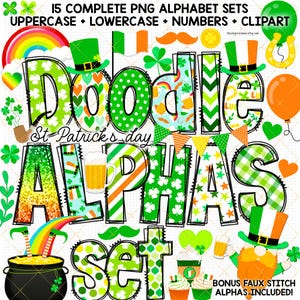 Saint Patrick's Day Doodle Alphabet Shamrock alpha Bundle Leprechaun police PNG Irlandais clipart faux broderie point vert sublimation lettres