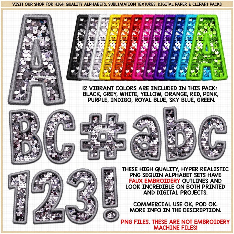 Pacote de alfabeto de lantejoulas em PNG, design de sublimação com efeito de bordado falso, letras com ponto arco-íris, alfabeto digital com glitter realista para uso comercial. imagem 3