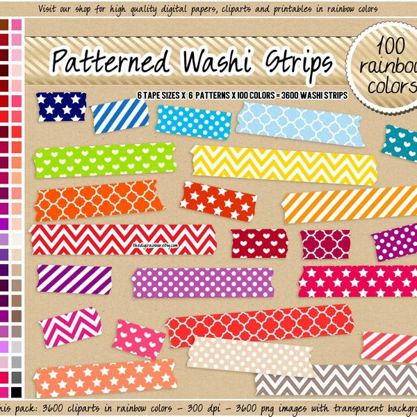 3600 gemusterte Washi Tape Streifen digitales Washi Tape Clipart Regenbogen Vierpass Chevron Herzen Streifen Herz Washi Tape