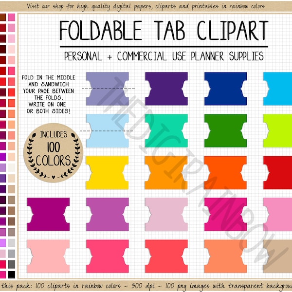 SALE 100 FOLDABLE TAB sticker printable solid double sided tab clipart rainbow planner divider blank digital tabs pastel bright neutral dark