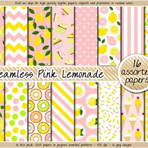 Papel digital de limonada rosa, fondo de limón sin costuras, patrón de cítricos de verano, papel de scrapbooking rosa, cupcake, donut, helado, clipart