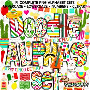 Cinco de Mayo PNG alfabet doodle Fiesta lettertype Mexico clipart faux stitch alfabundel DTF sublimatie letters cactus sombrero tequila lama