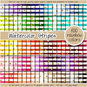 SALE 100 seamless watercolor stripes digital paper bright watercolor pattern rainbow background gold dot clipart pastel hand painted print image 1