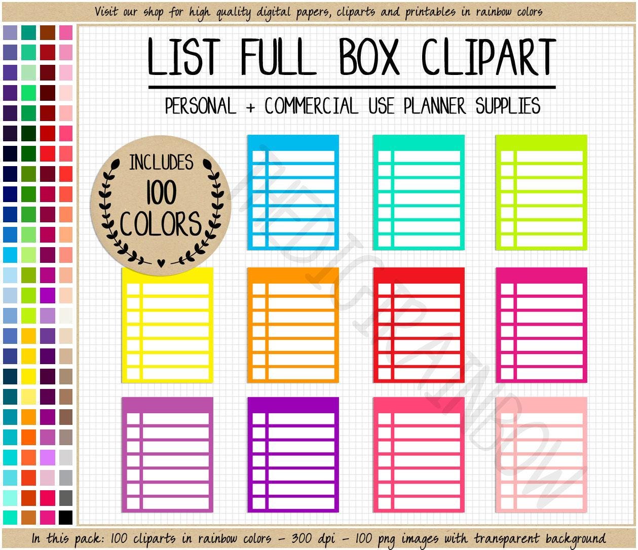 SALE 100 Checklist Full Box Clipart List Full Box Rainbow Planner ...