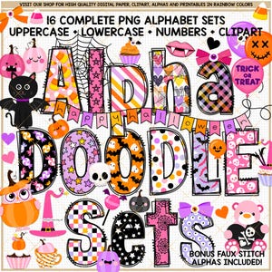 Rose Halloween Doodle Alphabet police PNG coquette arc citrouille clipart sorcière chat noir effrayant bonbons cupcake Trick Or Treat lettres à sublimation