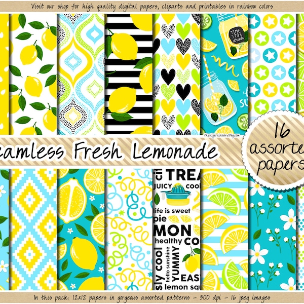 SALE Seamless Lemonade digitales Papier Zitronenkeil Clipart druckbares Obstmuster Mojito Party Limonade Aufkleber Zitrus Scrapbook Hintergrund