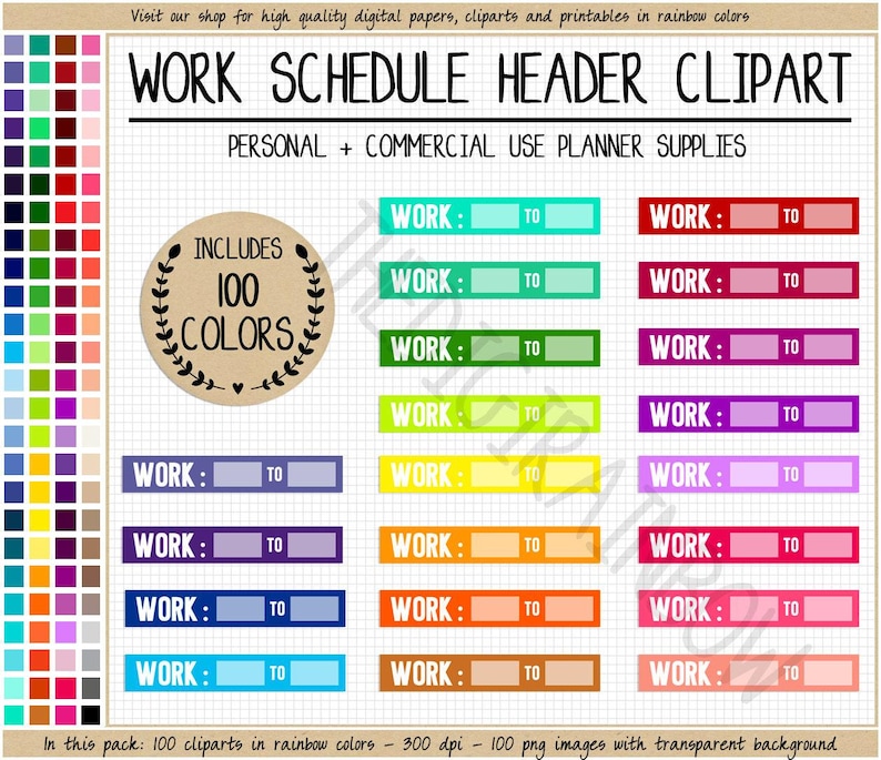 SALE 100 WORK SCHEDULE Clipart Arbeit Planer Aufkleber Stundenplan Aufkleber Regenbogen druckbare Aufkleber Erin Condren Kommerzielle Nutzung Planer Clipart Bild 1