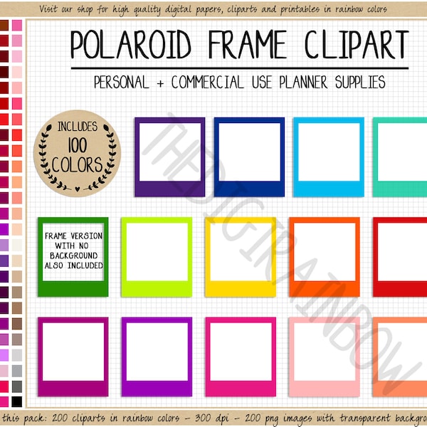 VENTE 100 cadre photo Polaroid clipart arc-en-ciel cadre photo imprimable instantanée photo mockup box agenda numérique autocollant Erin Condren Goodnote