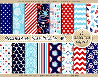 SALE Nautical digital paper sea seamless pattern navy blue red background printable scrapbook paper with seashell seahorse anchor boat icons