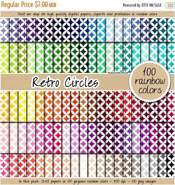 Retro Circles digital paper 100 rainbow colors classic diamond circles