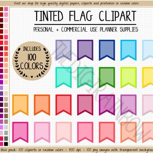 SALE 100 TINTED FLAG clipart rainbow flag stickers bright digital planner sticker printable banner straw flag pennant flag clipart bunting image 1