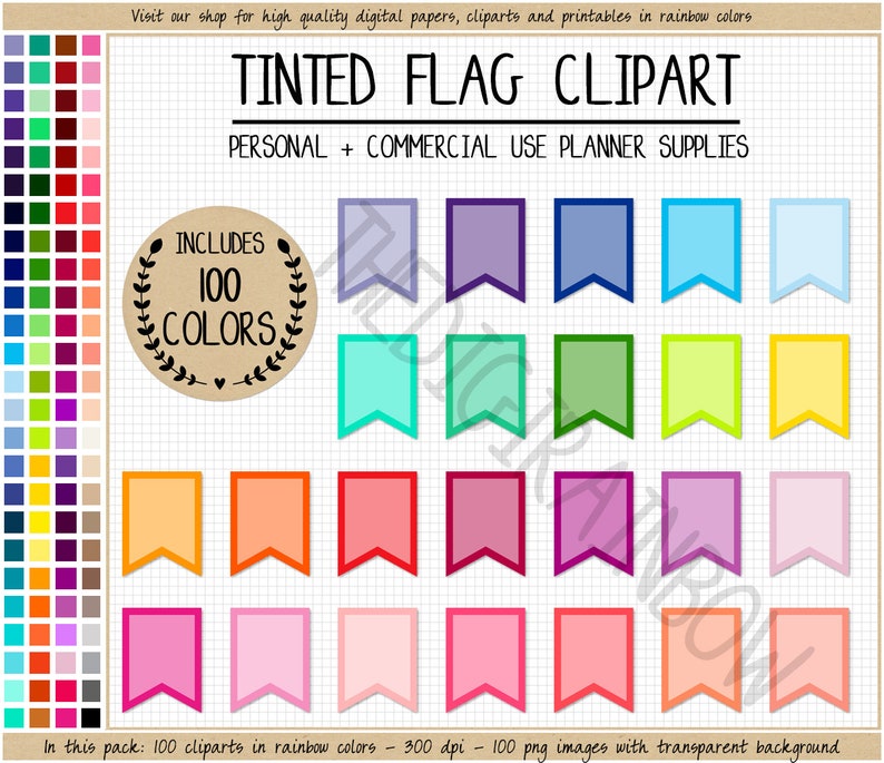 SALE 100 TINTED FLAG clipart rainbow flag stickers bright digital planner sticker printable banner straw flag pennant flag clipart bunting image 1