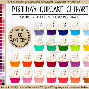VENTE 100 cupcakes clipart gâteau d'anniversaire autocollant sticker planificateur d'anniversaire autocollant anniversaire clipart bougie clipart imprimable arc-en-ciel planificateur autocollant