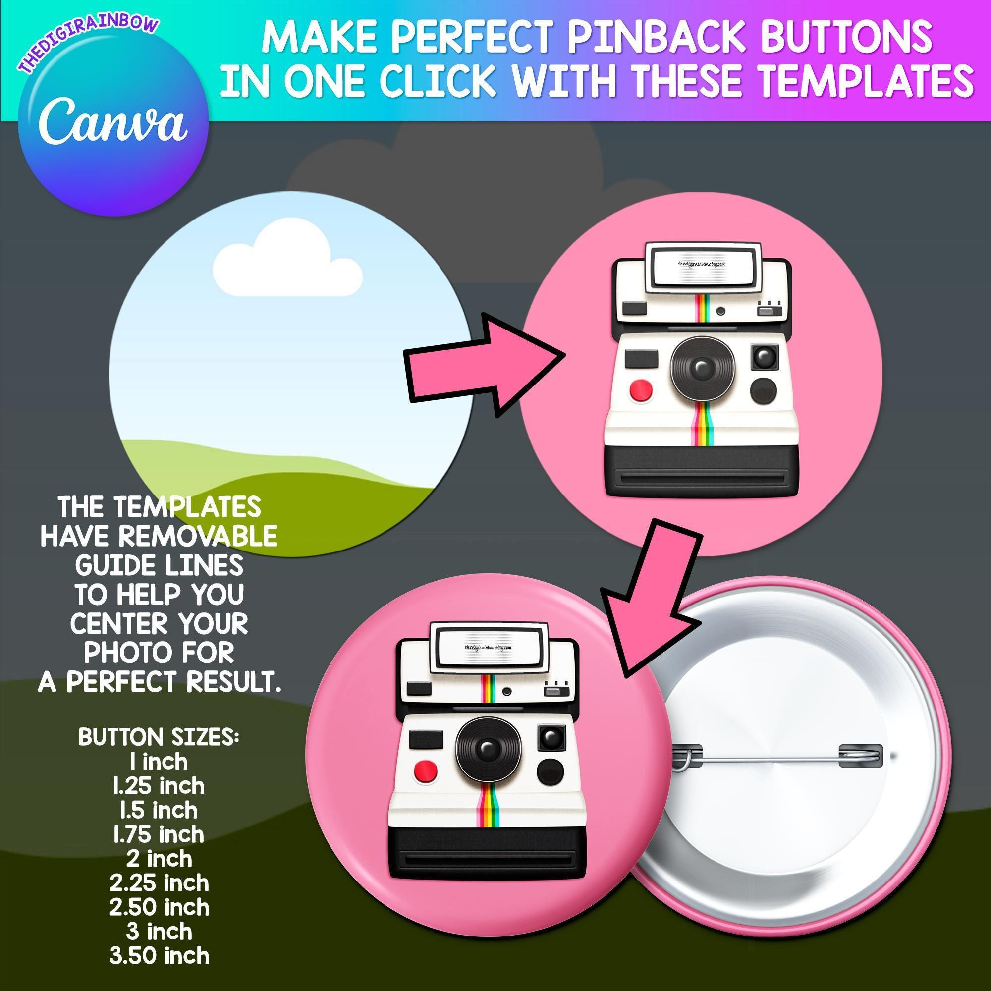 Button Pin Template Bundle, Editable CANVA Frame, Blank Pinback Buttons ...