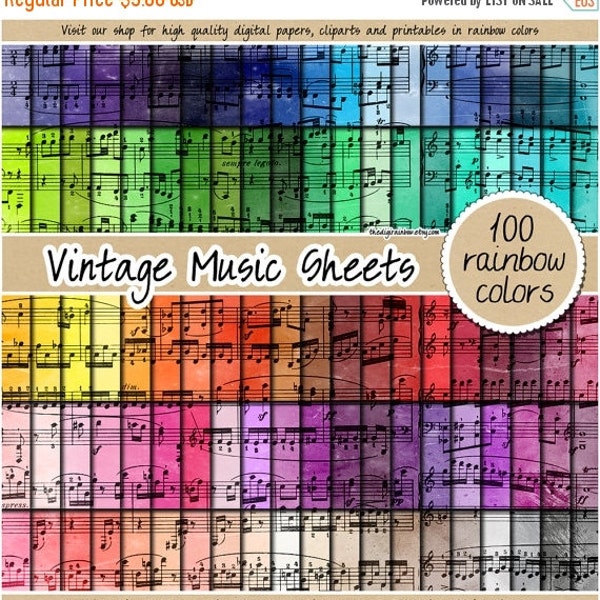 SALE 100 music sheet digital paper vintage watercolor digital paper rainbow music pattern scrapbooking printable old pastel neutral bright