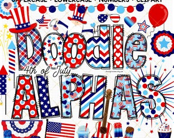 Patriotic Doodle Alphabet 4th of July PNG font I love USA clipart faux stitch alpha bundle red heart navy stars plaid sublimation letters