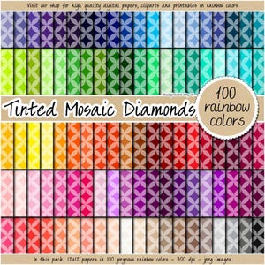 100 papel digital retro SIN COSTURAS con patrón de diamante teñido arcoíris cuatrifolio clipart imprimible mosaico fondo pastel brillante neutro oscuro