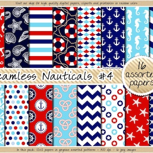 Nautical digital paper seamless digi scrabooking pattern marine clipart navy red scrapbook paper buoy anchor coral seashell starfish print