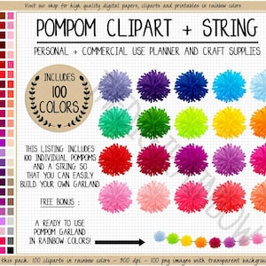 Verkauf 100 POMPOM Clipart Pom Pom Aufkleber Regenbogen Pom Pom Girlande druckbare Girlande Clipart Erin Condren Planer Clipart hell Pastell Aufkleber