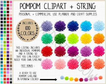SALE 100 POMPOM clipart pom pom sticker rainbow pom pom garland printable garland clipart Erin Condren planner clipart bright pastel sticker