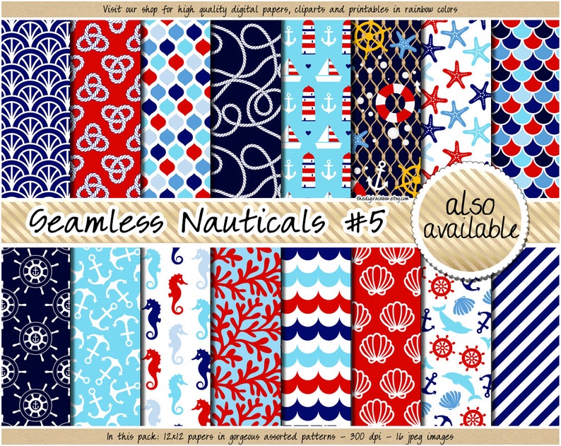 SALE Nautical digital paper sea seamless pattern navy blue red background printable scrapbook paper with seashell seahorse anchor boat icons image 6